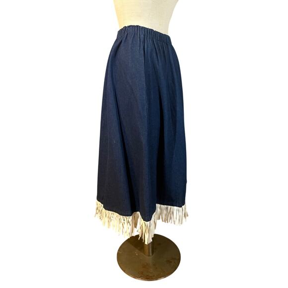 Vintage Western Dark Jean Midi Skirt Fringe Cowgirl Rockabilly M/L 1950's Pin-up - Picture 3 of 9